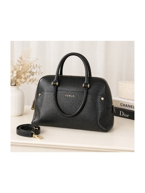 Furla Handbags - Furla Black Leather Satchel Top Handle Bag w/ Shoulder Strap Gold Hardware